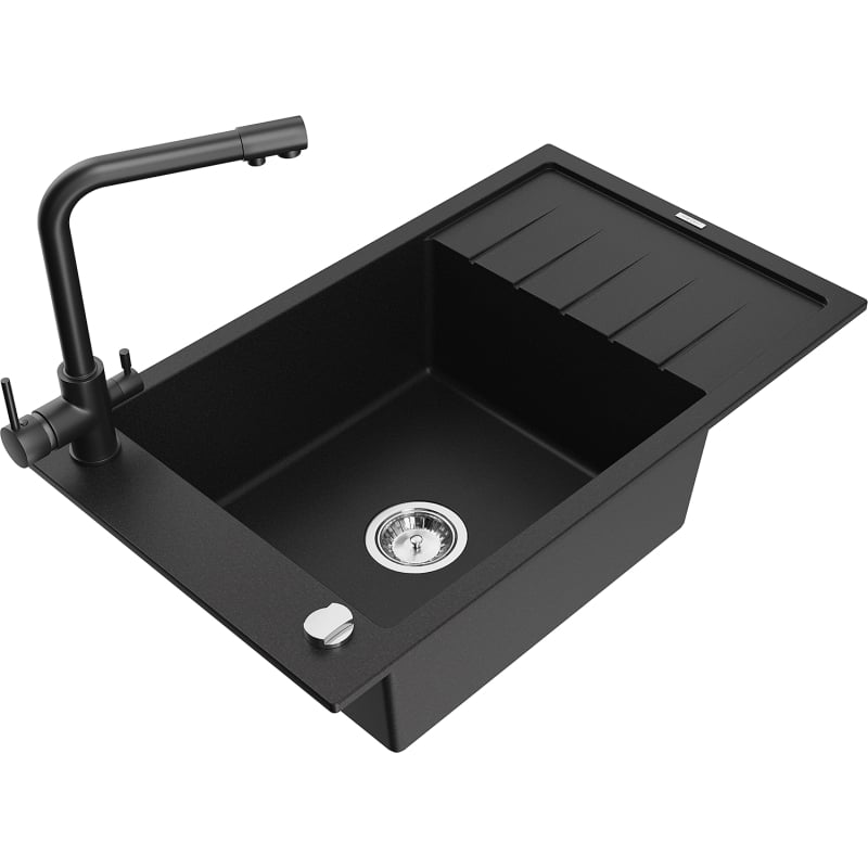 Mexen Elias granite kitchen sink 1-bowl with drainer and Duero kitchen faucet, black - 6511-77-671600-70