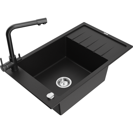 Mexen Elias granite kitchen sink 1-bowl with drainer and Duero kitchen faucet, black - 6511-77-671600-70