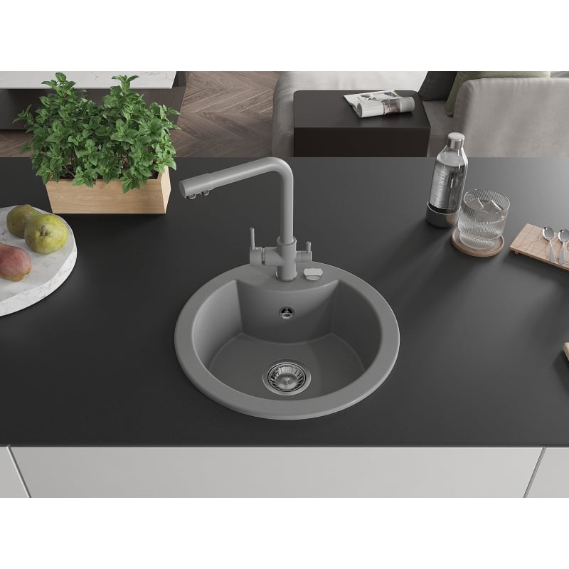Mexen Diego 1-bowl granite sink with Duero kitchen faucet, gray - 6512-71-671600-71