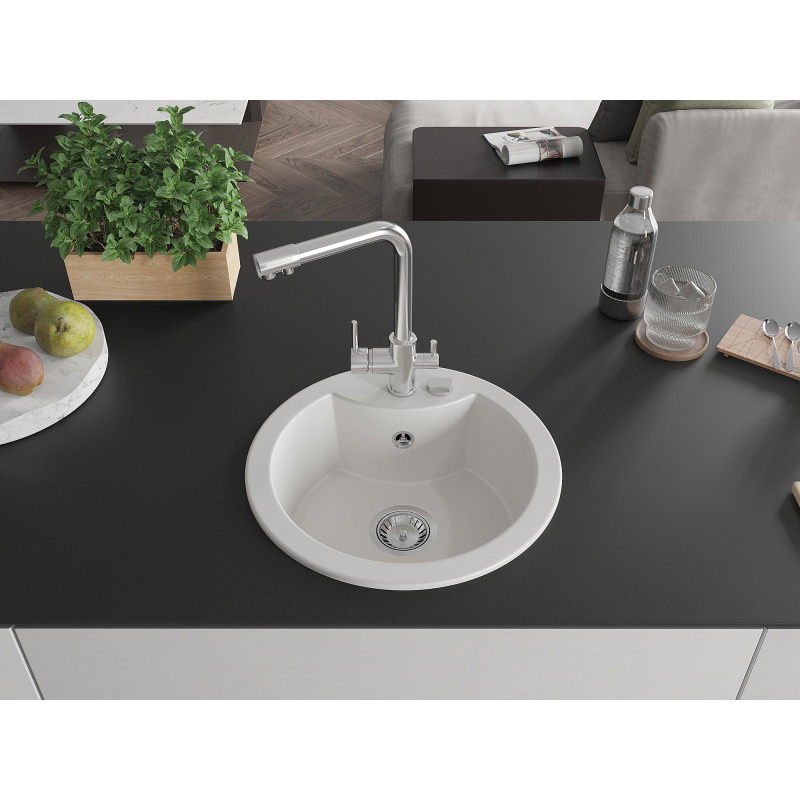 Mexen Diego granite kitchen sink 1-bowl with Duero kitchen faucet, white - 6512-20-671600-00