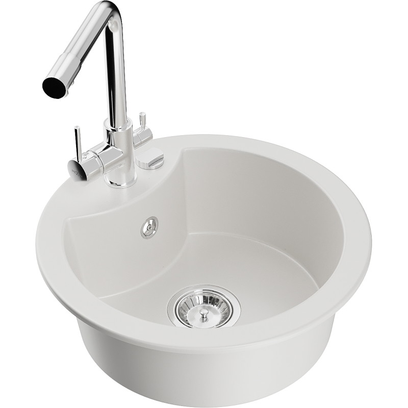 Mexen Diego granite kitchen sink with one basin and Duero faucet, white - 6512-20-671600-00