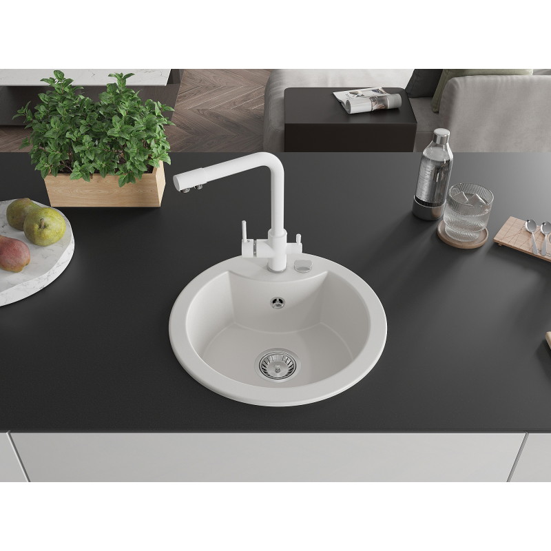 Mexen Diego granite kitchen sink 1-bowl with Duero kitchen faucet, white - 6512-20-671600-20