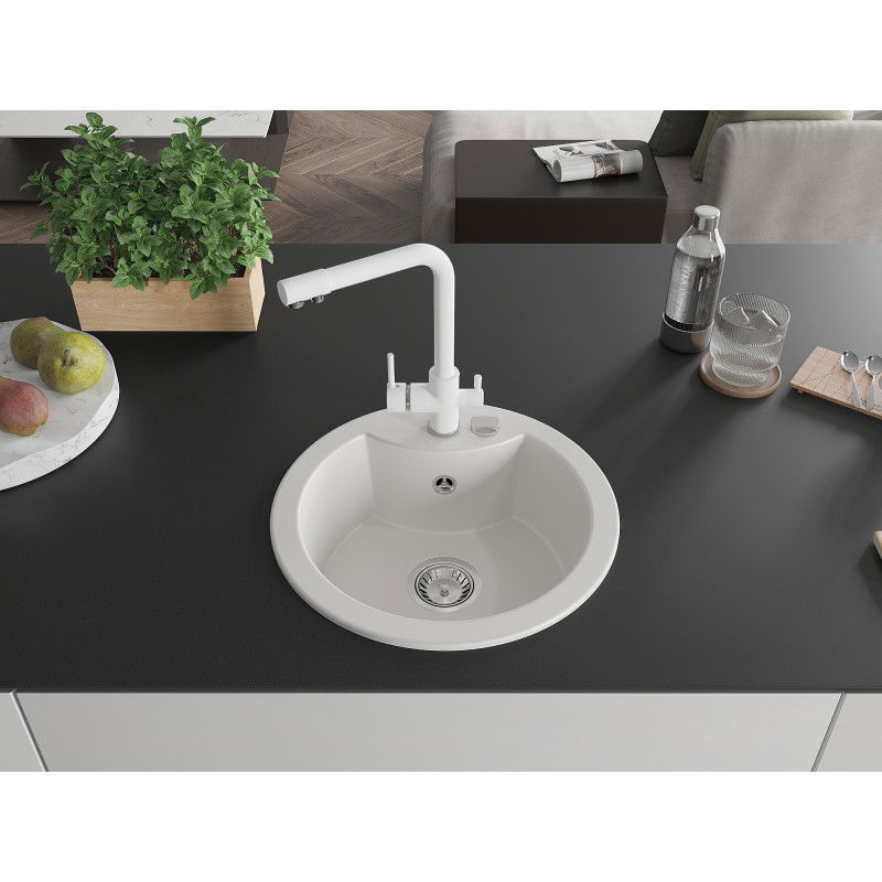 Mexen Diego single-bowl granite sink with Duero kitchen tap, white - 6512-20-671600-20
