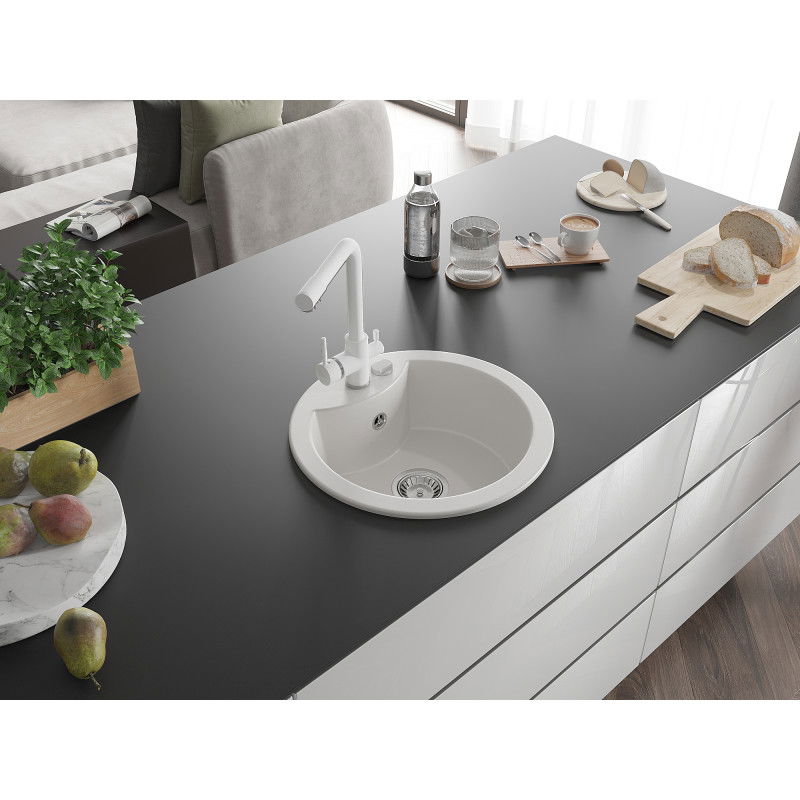 Mexen Diego single-bowl granite sink with Duero kitchen tap, white - 6512-20-671600-20