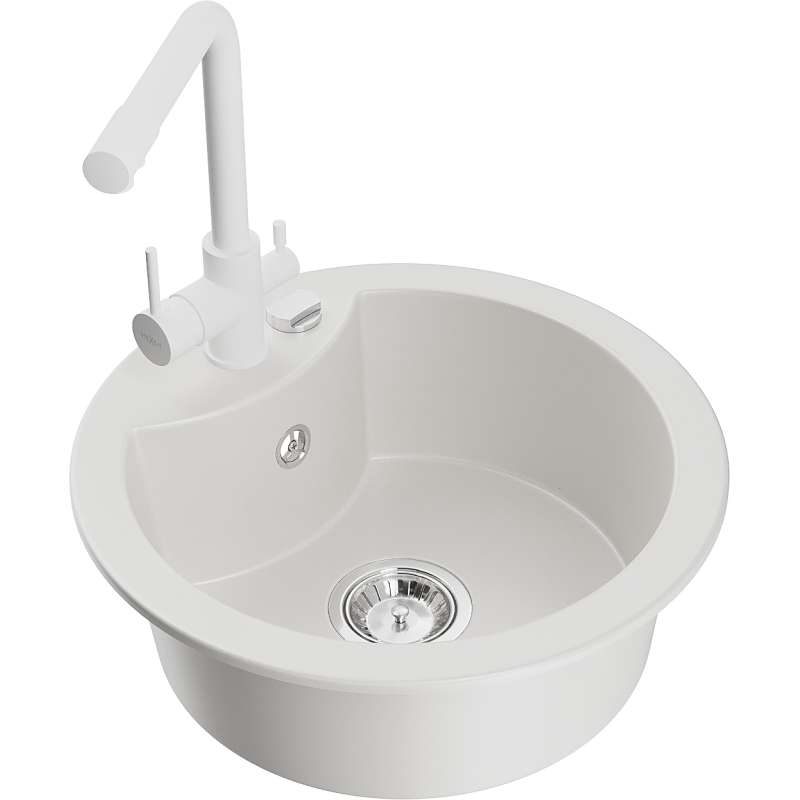 Mexen Diego 1-compartment granite sink with a kitchen mixer tap Duero, White - 6512-20-671600-20