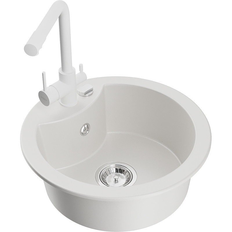 Mexen Diego granite kitchen sink 1-bowl with Duero kitchen faucet, white - 6512-20-671600-20