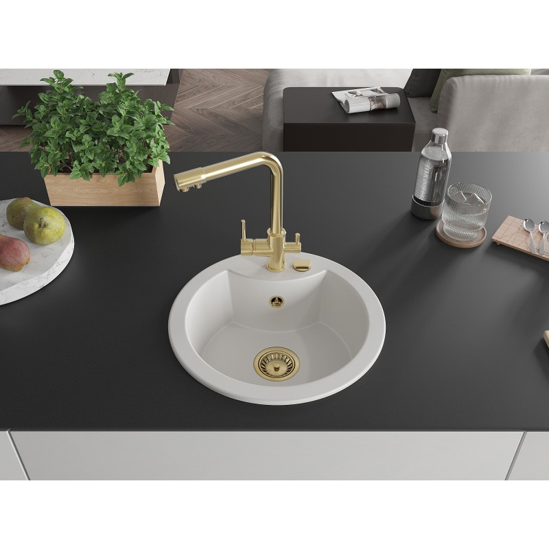 Mexen Diego 1-bowl granite sink with Duero kitchen faucet, white - 6512-20-671600-50