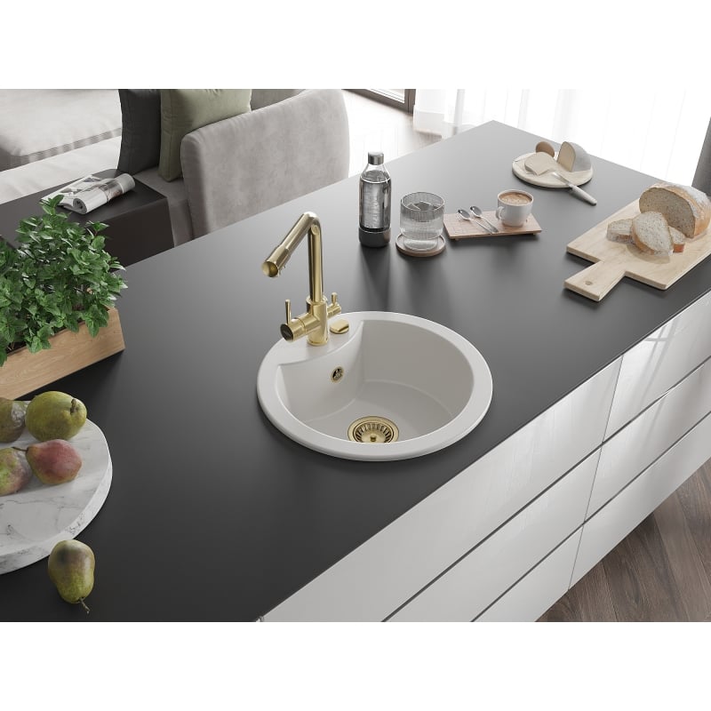 Mexen Diego granite single-bowl sink with Duero kitchen faucet, white - 6512-20-671600-50