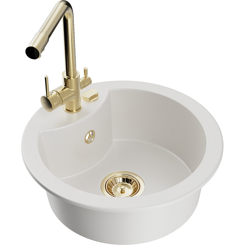 Mexen Diego 1-bowl granite sink with Duero kitchen faucet, white - 6512-20-671600-50