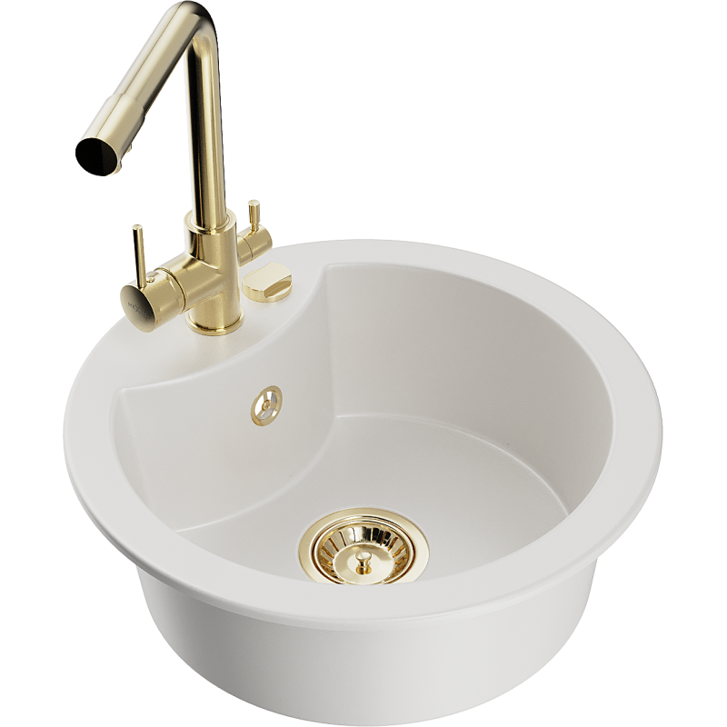 Mexen Diego 1-compartment granite sink with a kitchen mixer tap Duero, White - 6512-20-671600-50