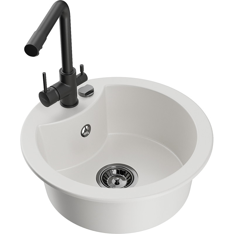 Mexen Diego 1-bowl granite sink with Duero kitchen faucet, white - 6512-20-671600-70