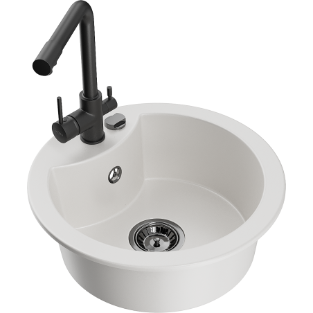 Mexen Diego 1-compartment granite sink with a kitchen mixer tap Duero, White - 6512-20-671600-70