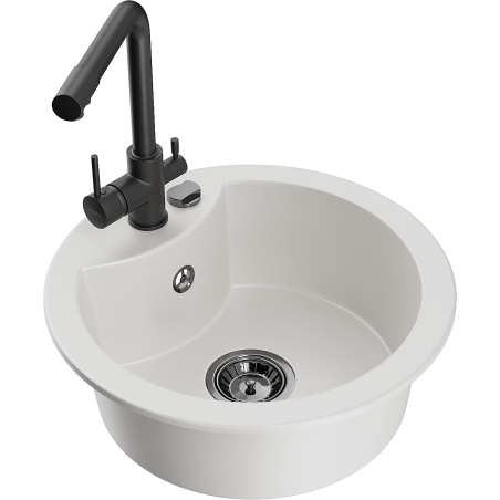 Mexen Diego Single-Bowl Granite Sink with Duero Kitchen Tap, White - 6512-20-671600-70