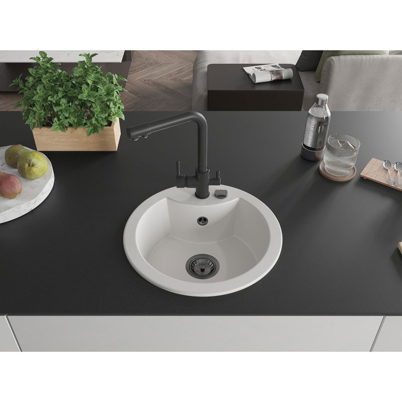 Mexen Diego Single-Bowl Granite Sink with Duero Kitchen Tap, White - 6512-20-671600-70