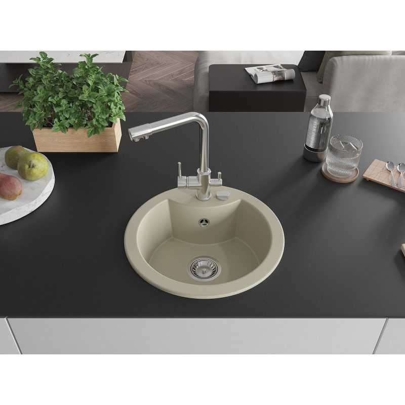 Mexen Diego granite single-bowl sink with Duero kitchen faucet, beige - 6512-69-671600-00