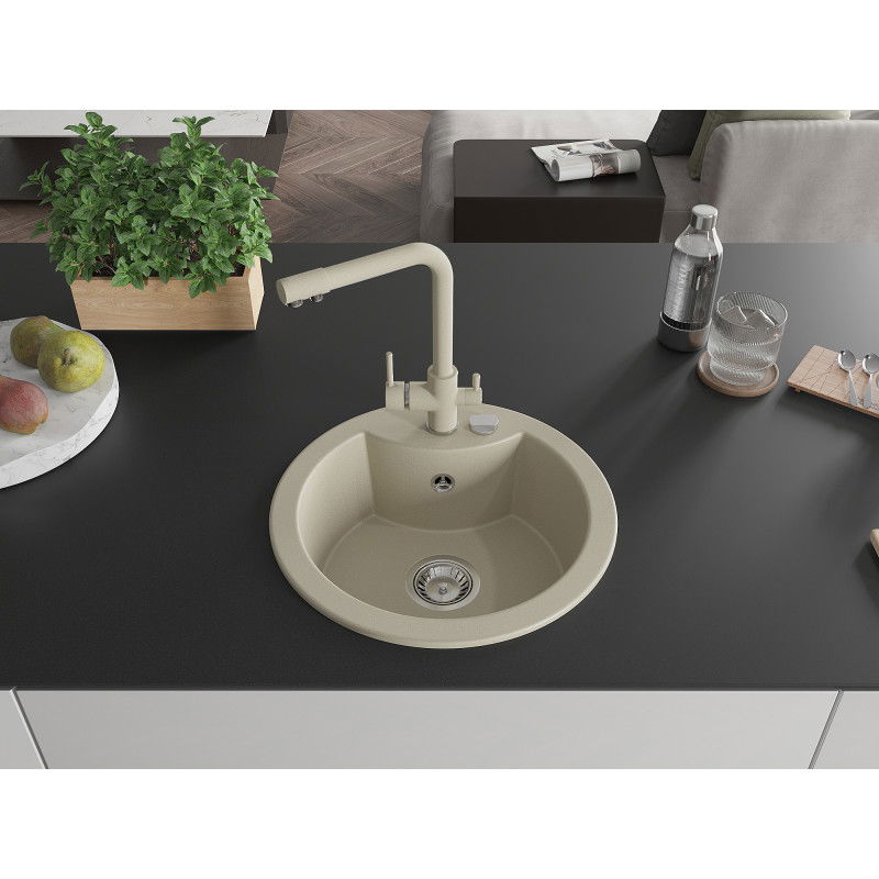 Mexen Diego granite single-bowl sink with Duero kitchen tap, beige - 6512-69-671600-69