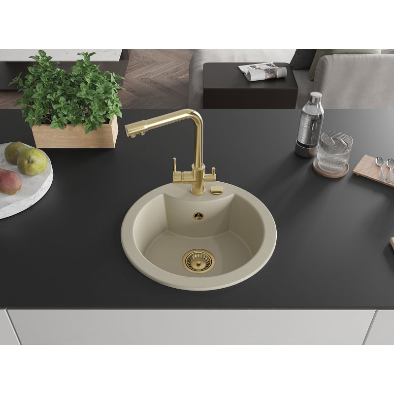 Mexen Diego 1-bowl granite sink with Duero kitchen faucet, beige - 6512-69-671600-50