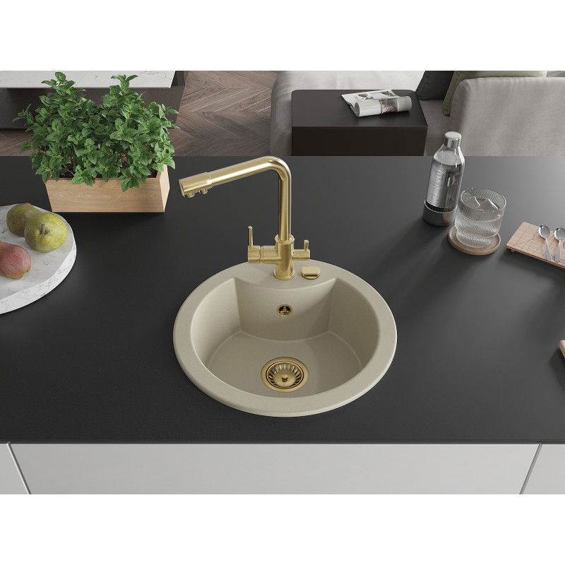 Mexen Diego 1-Bowl Granite Sink with Duero Kitchen Tap, Beige - 6512-69-671600-50