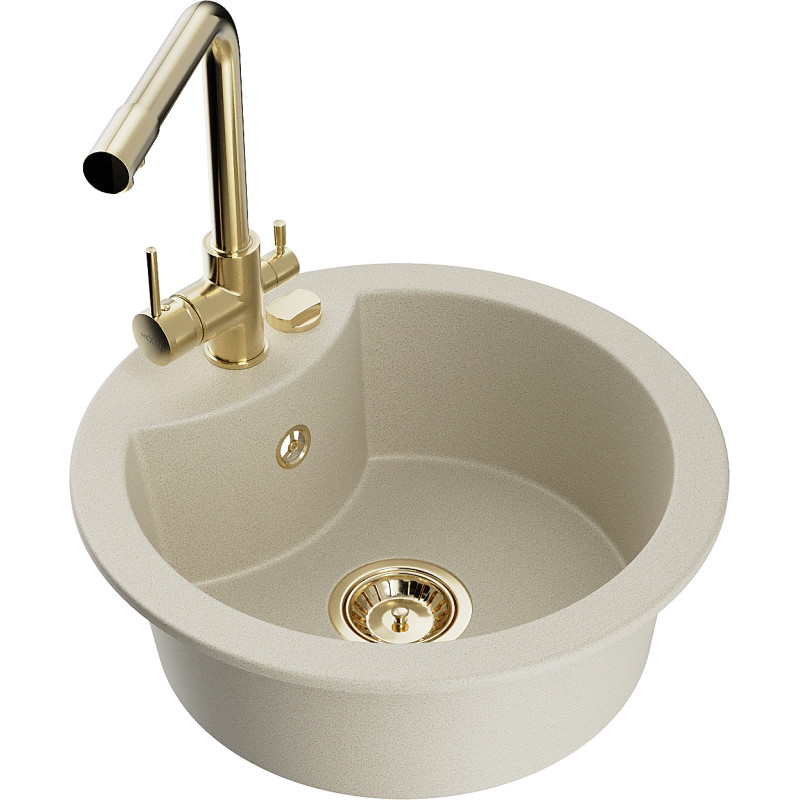 Mexen Diego granite kitchen sink 1-bowl with Duero kitchen faucet, beige - 6512-69-671600-50