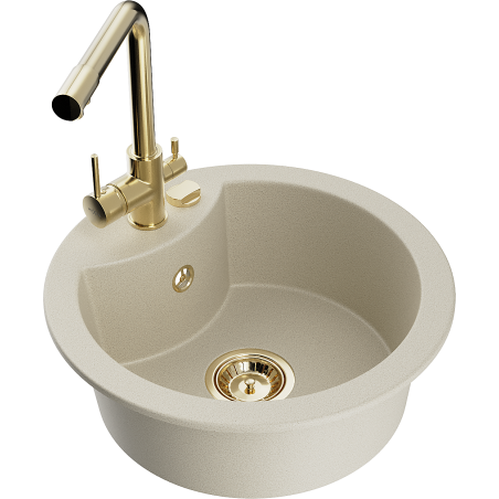 Mexen Diego 1-bowl granite sink with Duero kitchen faucet, beige - 6512-69-671600-50
