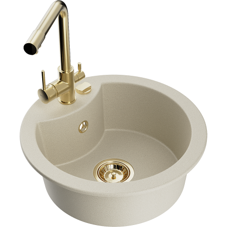 Mexen Diego 1-Bowl Granite Sink with Duero Kitchen Tap, Beige - 6512-69-671600-50
