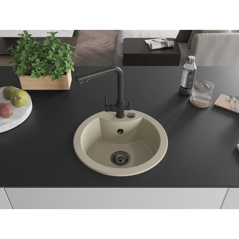 Mexen Diego 1-Bowl Granite Sink with Duero Kitchen Faucet, Beige - 6512-69-671600-70