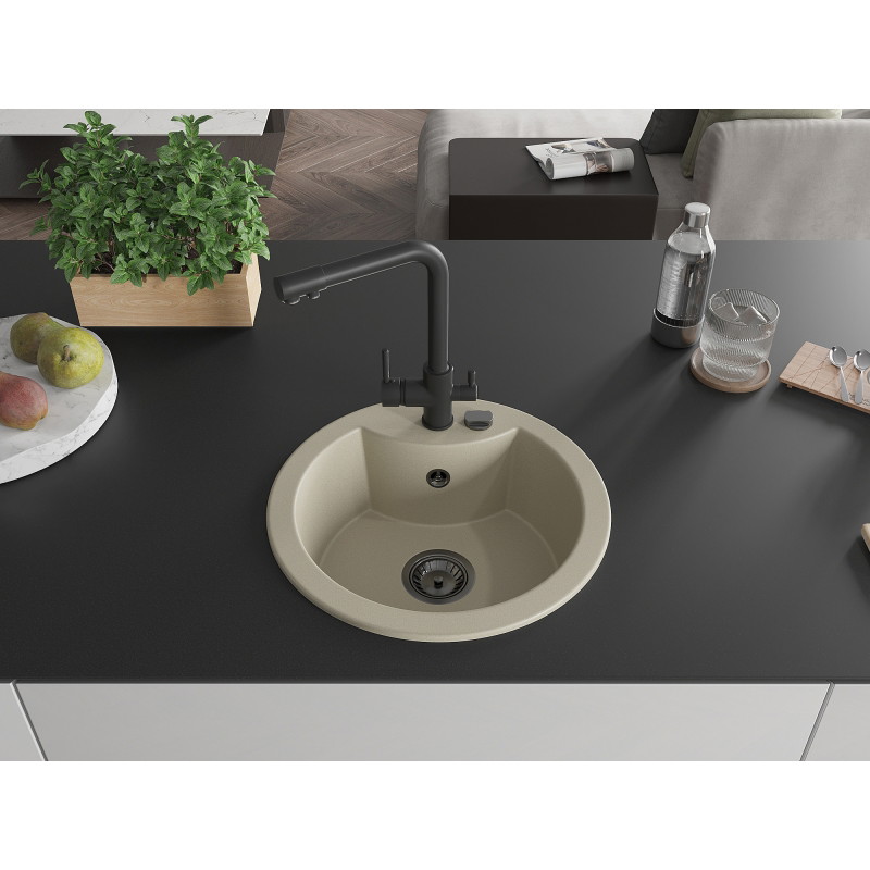 Mexen Diego Single-bowl granite sink with Duero kitchen faucet, beige - 6512-69-671600-70