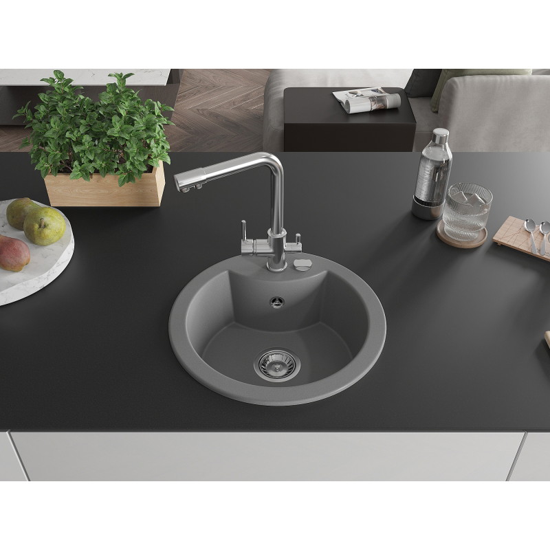 Mexen Diego granite sink 1-bowl with Duero kitchen faucet, gray - 6512-71-671600-00