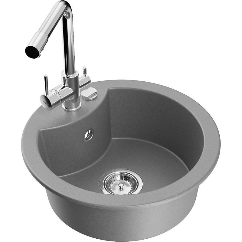 Mexen Diego 1-bowl granite sink with Duero kitchen faucet, gray - 6512-71-671600-00
