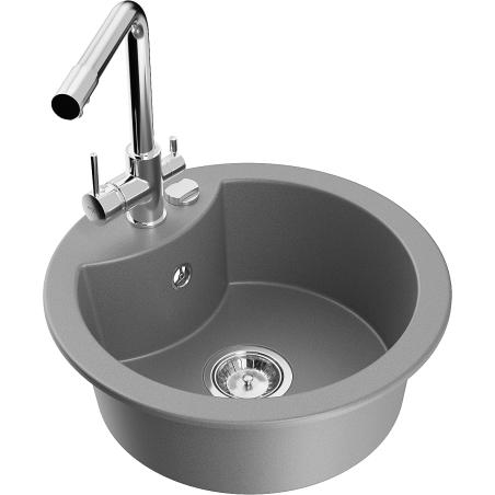 Mexen Diego granite sink 1-bowl with Duero kitchen faucet, gray - 6512-71-671600-00