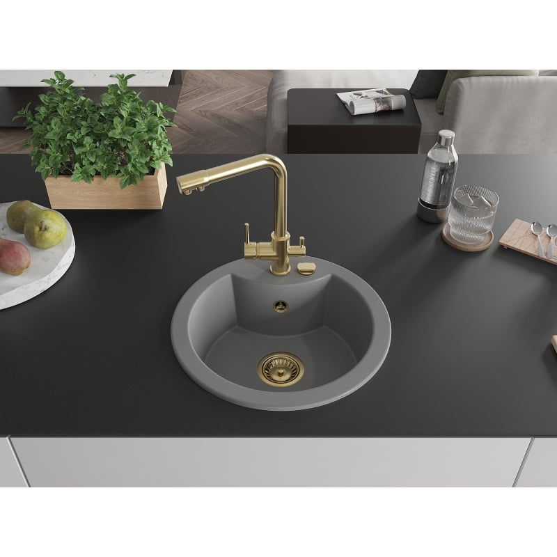 Mexen Diego 1-bowl granite sink with Duero kitchen faucet, gray - 6512-71-671600-50