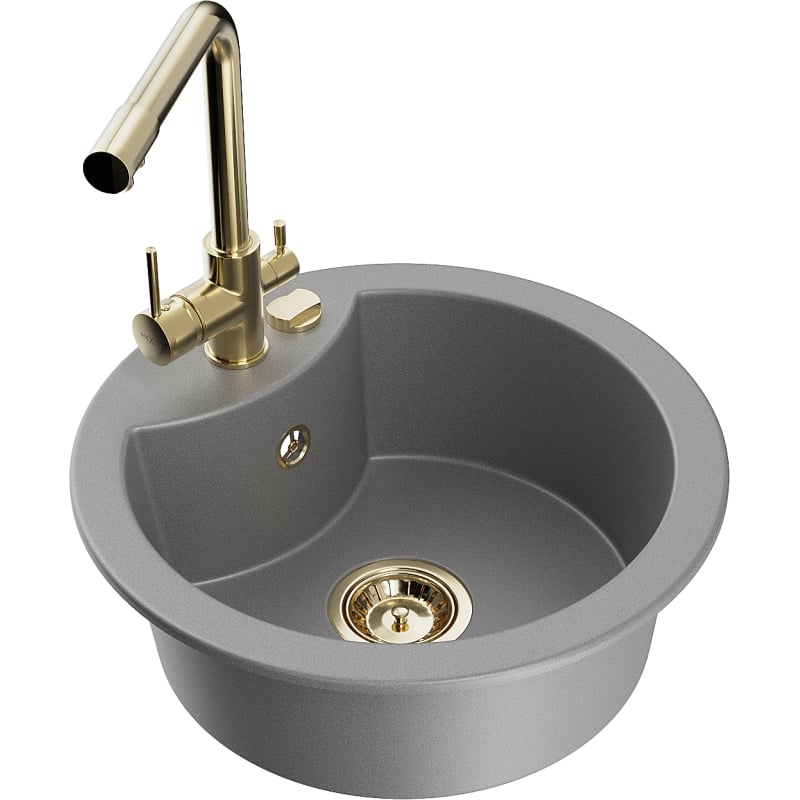 Mexen Diego 1-bowl granite sink with Duero kitchen faucet, gray - 6512-71-671600-50