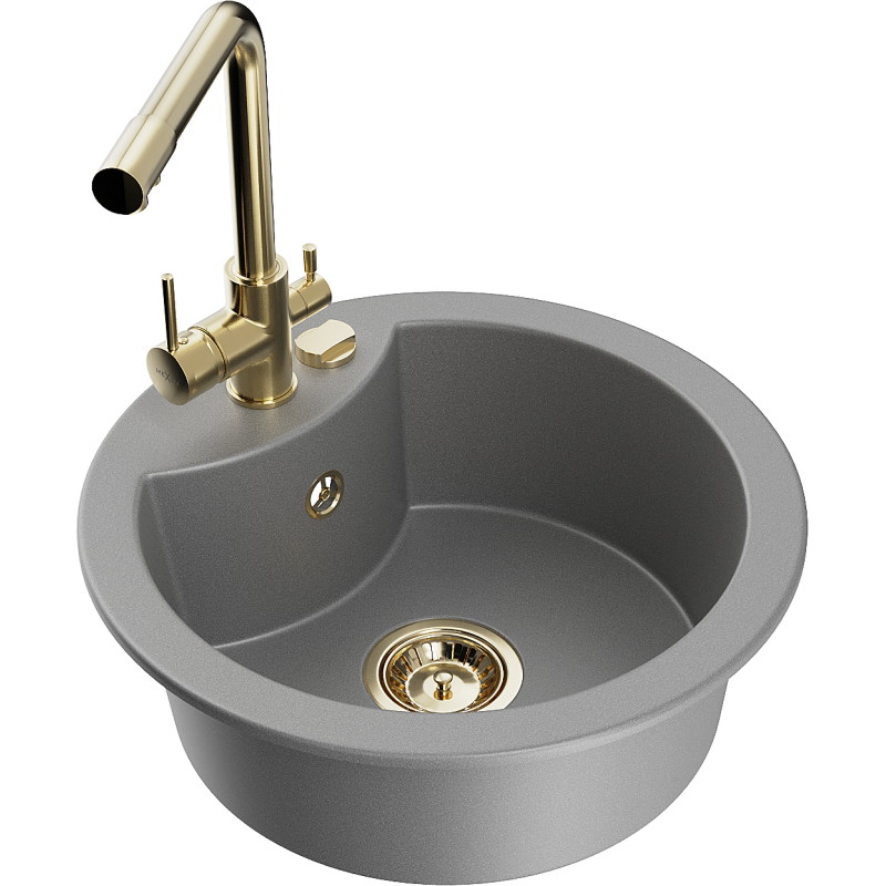 Mexen Diego granite sink 1-bowl with Duero kitchen faucet, gray - 6512-71-671600-50