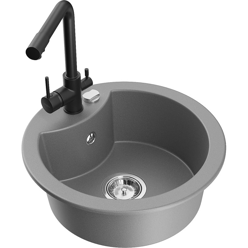 Mexen Diego granite sink 1-bowl with Duero kitchen faucet, gray - 6512-71-671600-70