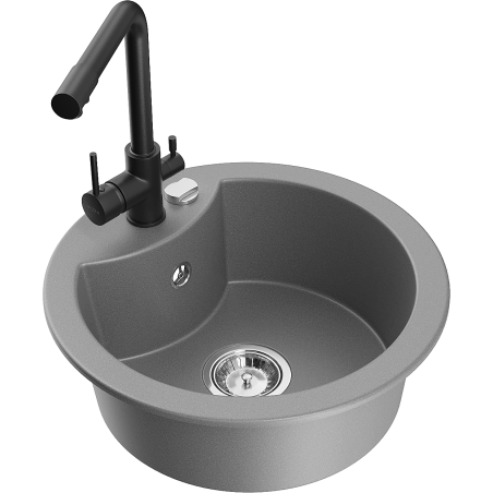 Mexen Diego 1-Bowl Granite Sink with Duero Kitchen Tap, Grey - 6512-71-671600-70