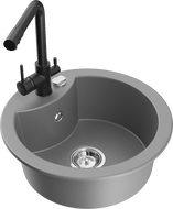 Mexen Diego 1-bowl granite sink with Duero kitchen faucet, gray - 6512-71-671600-70