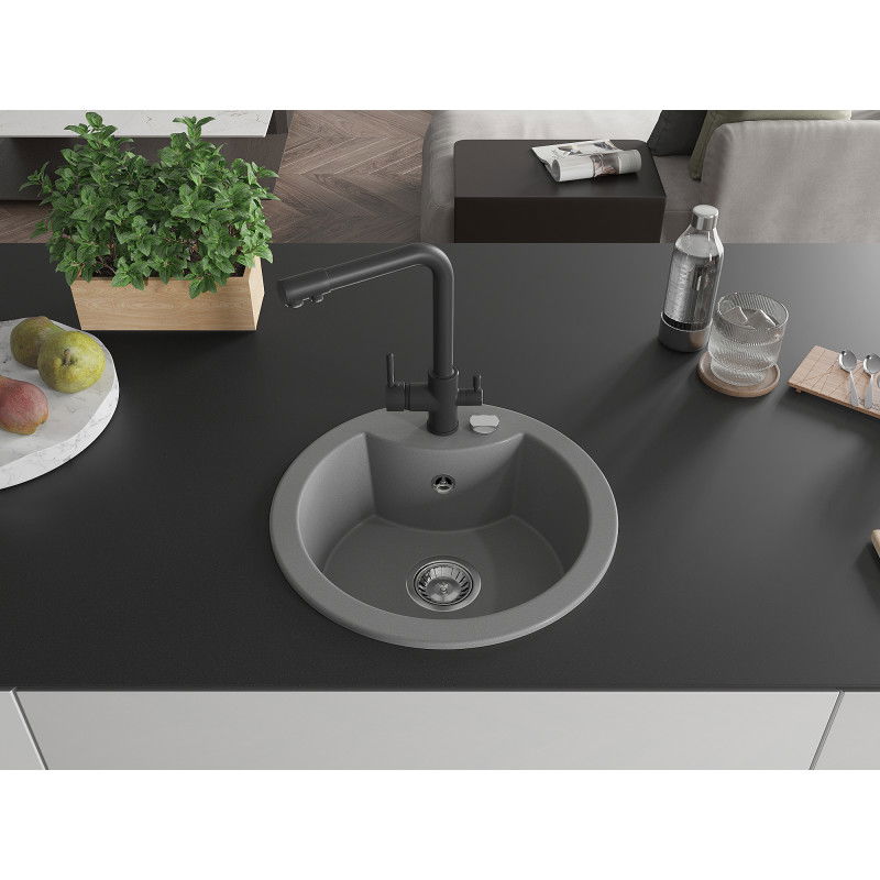 Mexen Diego 1-Bowl Granite Sink with Duero Kitchen Tap, Grey - 6512-71-671600-70