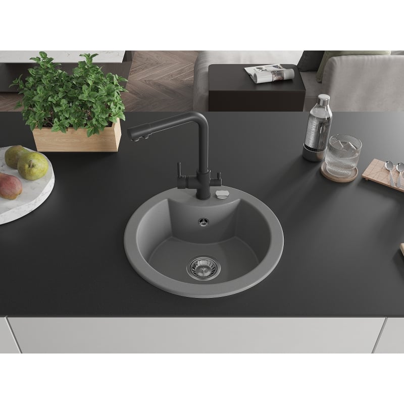 Mexen Diego granite sink 1-bowl with Duero kitchen faucet, gray - 6512-71-671600-70