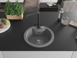 Mexen Diego 1-bowl granite sink with Duero kitchen faucet, gray - 6512-71-671600-70