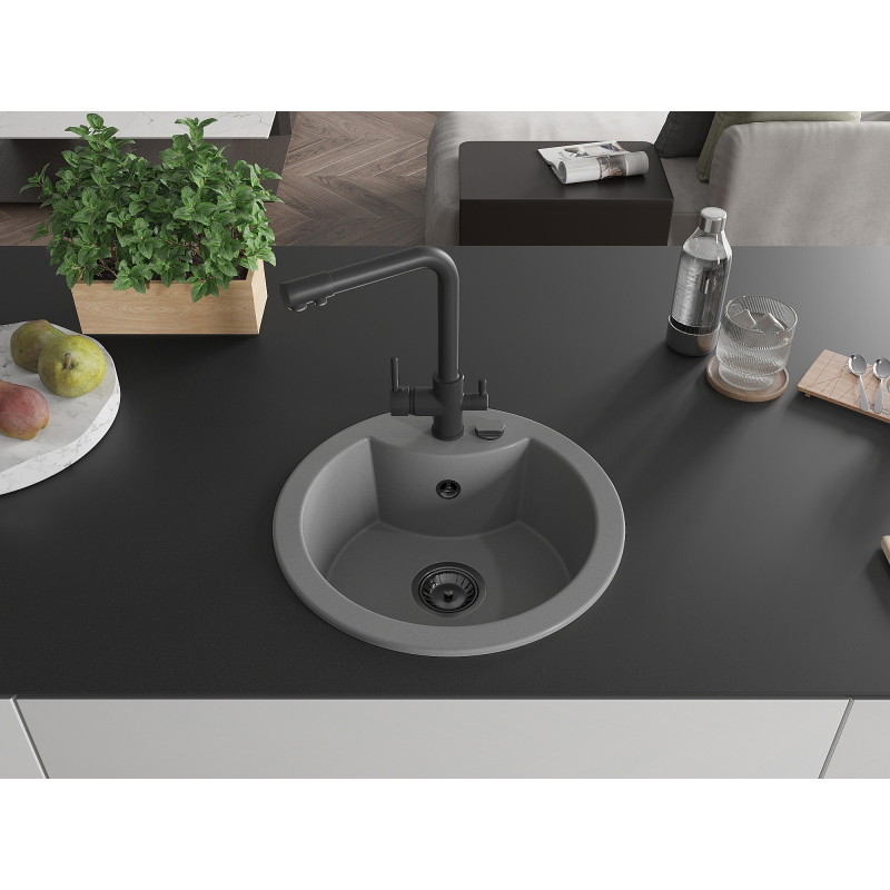 Mexen Diego 1-bowl granite sink with Duero kitchen faucet, gray - 6512-71-671600-70-B