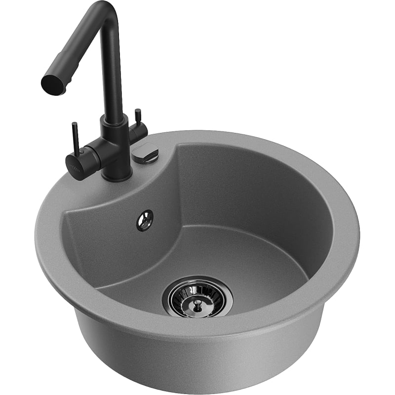 Mexen Diego 1-bowl granite sink with Duero kitchen faucet, gray - 6512-71-671600-70-B