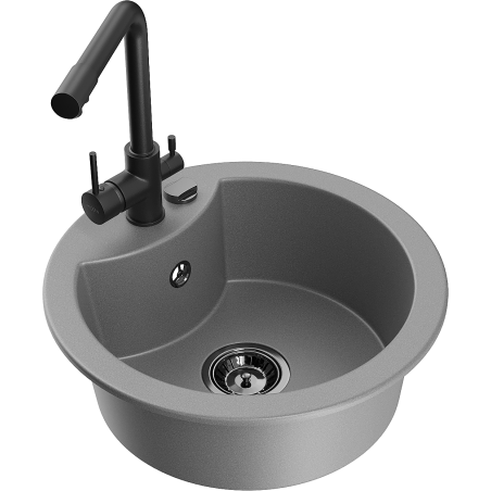Mexen Diego 1-bowl granite sink with Duero kitchen faucet, gray - 6512-71-671600-70-B