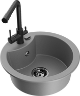 Mexen Diego 1-bowl granite sink with Duero kitchen faucet, gray - 6512-71-671600-70-B