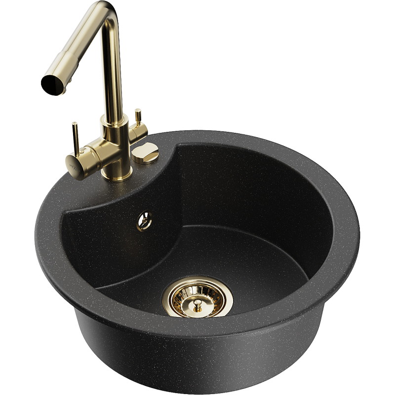 Mexen Diego granite kitchen sink 1-bowl with Duero kitchen faucet, black/silver metallic - 6512-73-671600-50