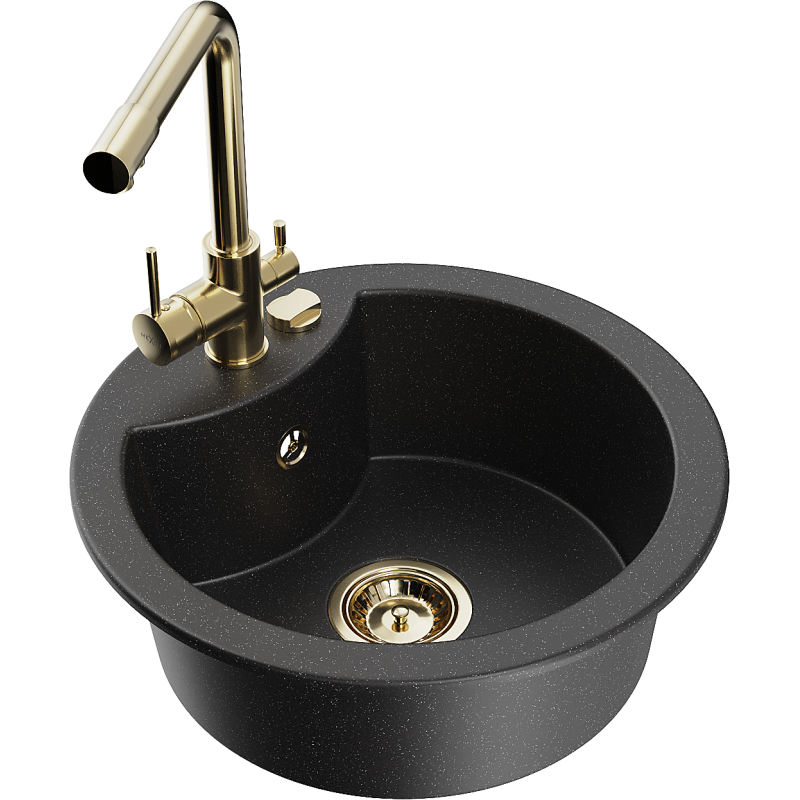 Mexen Diego granite sink with 1 bowl and Duero kitchen tap, black/silver metallic - 6512-73-671600-50
