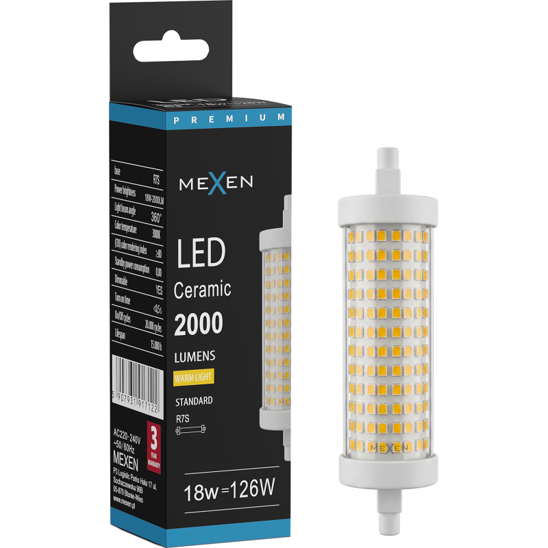 Mexen Vega Dimmable LED Bulb R7S, 18W, Warm - 3000K, 2000 lm - L125-R7S-1830-02