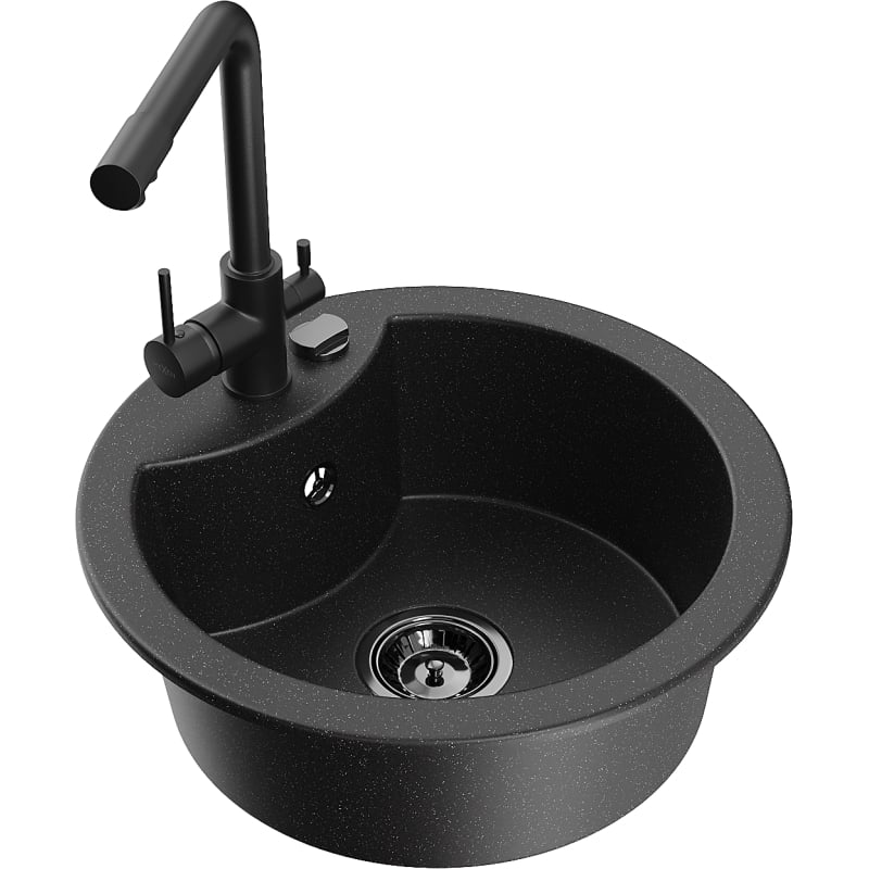 Mexen Diego granite kitchen sink 1-bowl with Duero faucet, black/silver metallic - 6512-73-671600-70-B