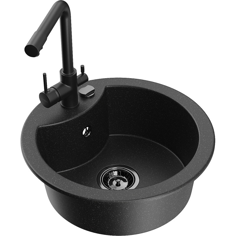Mexen Diego granite kitchen sink 1-bowl with Duero kitchen tap, black/silver metallic - 6512-73-671600-70-B