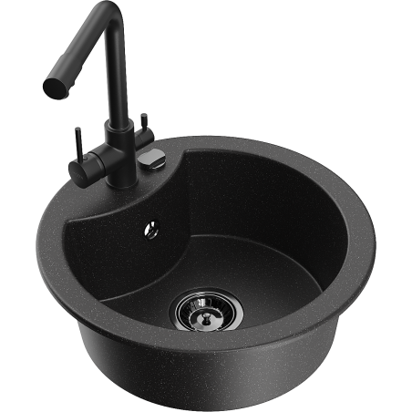 Mexen Diego granite kitchen sink 1-bowl with Duero faucet, black/silver metallic - 6512-73-671600-70-B