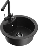 Mexen Diego granite kitchen sink 1-bowl with Duero kitchen tap, black/silver metallic - 6512-73-671600-70-B